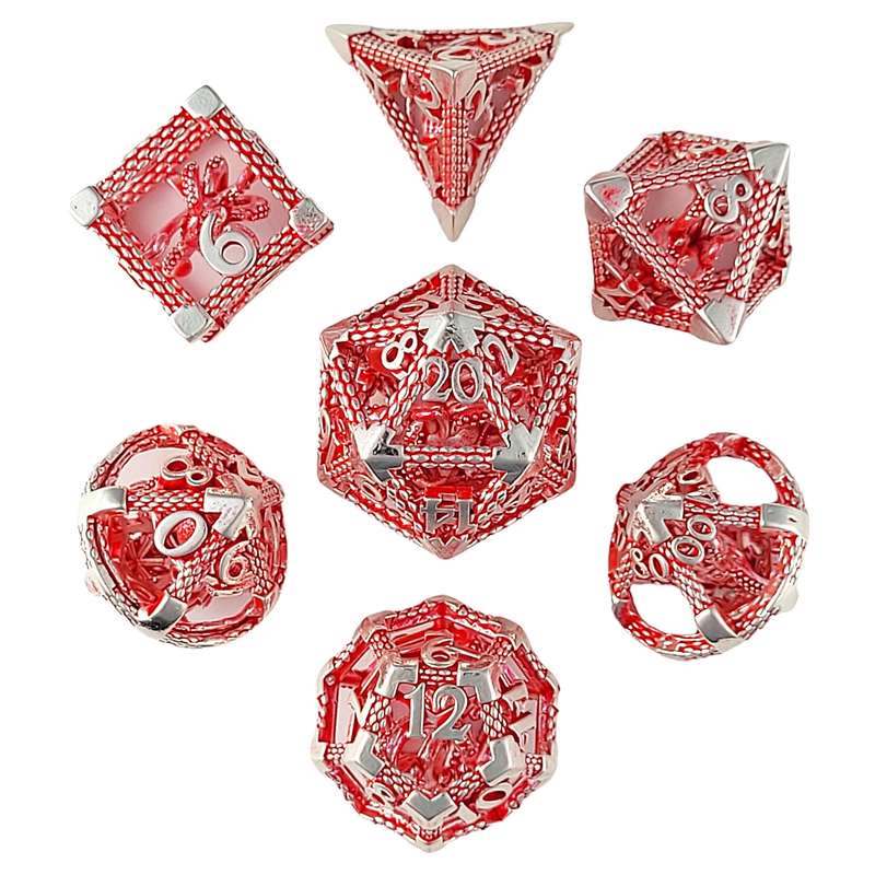 Deep Dreamer Silver Red Hollow Metal RPG Dice Set