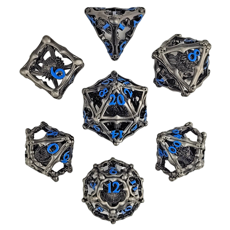 Grave Watcher Silver Blue Hollow Metal RPG Dice Set