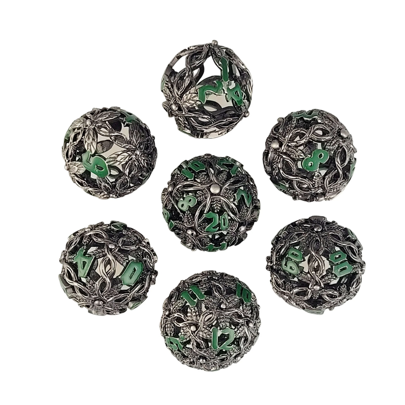 Sylvan Spheres Silver Green Hollow Metal RPG Dice Set